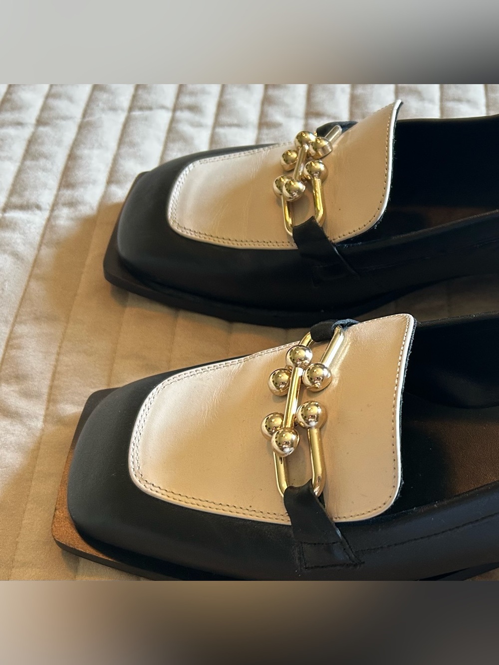 Alohas Two-Tone Black & White Leather Loafers with Gold Hardware - Picture 4 of 11